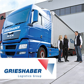 Ciężarówki Grieshaber Logistics Group przed centrum logistycznym